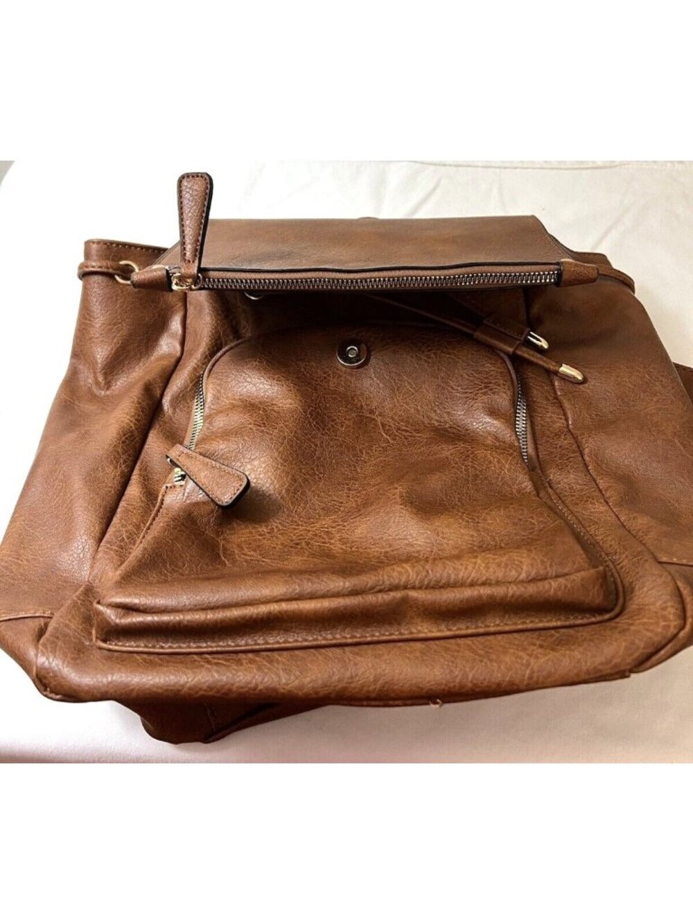 Brown Faux Leather Backpack With Top Handle & Adjustable Straps Multiple Zipper - Picture 4 of 5